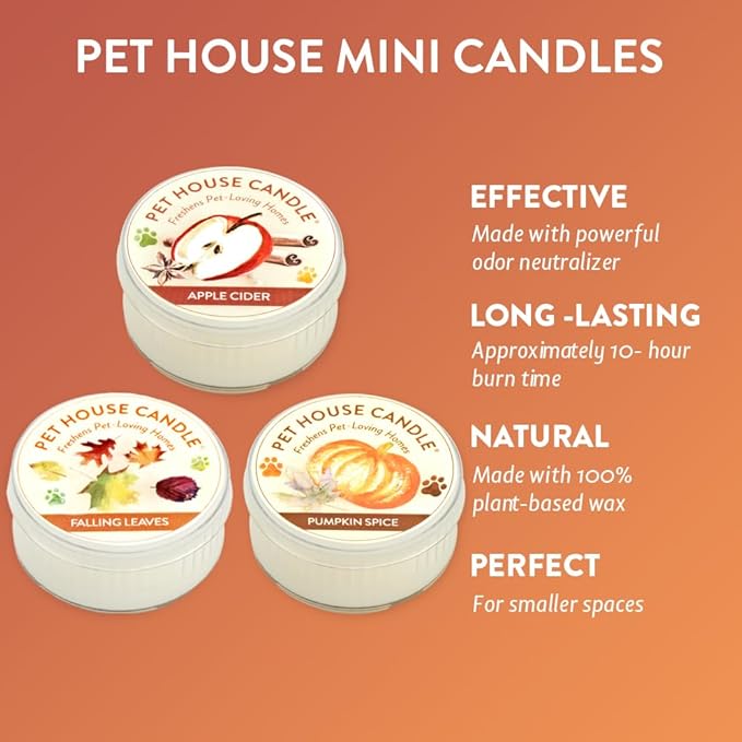 Pet House Mini Candles for Pet Odor Made with Natural Soy Wax, Plant Based, Dog and Cat Friendly Scented Candles, Fall Mix Variety Pack of 3