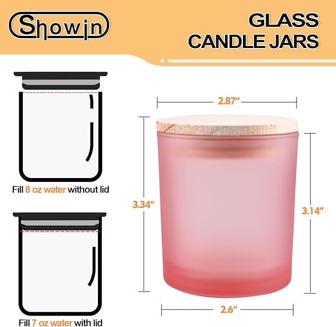 SHOWIN 8 OZ Thick Candle Jars for Making Candles 15 Pcs, Empty Jars with Wood Lids for Candle Making, Sample Container, Frosted Pink