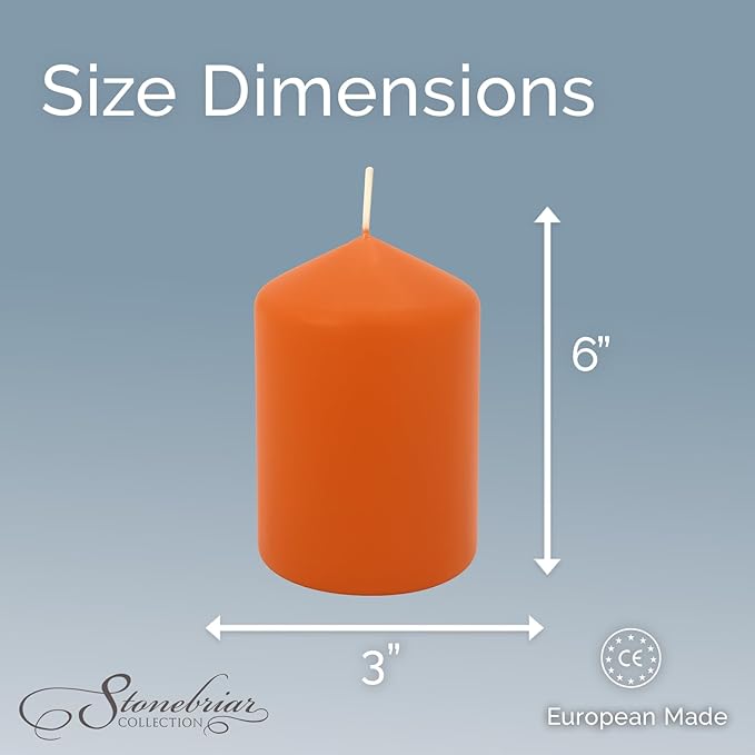 Stonebriar Unscented Pillar Candles – 65 Hour Burn Time, Long-Lasting Wax Candles for Weddings, Holidays, Home Décor & Special Events, Pack of 6, Orange, 3" x 6"