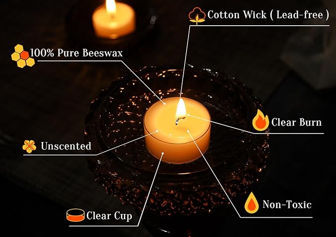 48 Pack Natural Yellow Pure Beeswax Tealight Candles - Organic Small Candle Natural Scent Smokeless Clean Burning