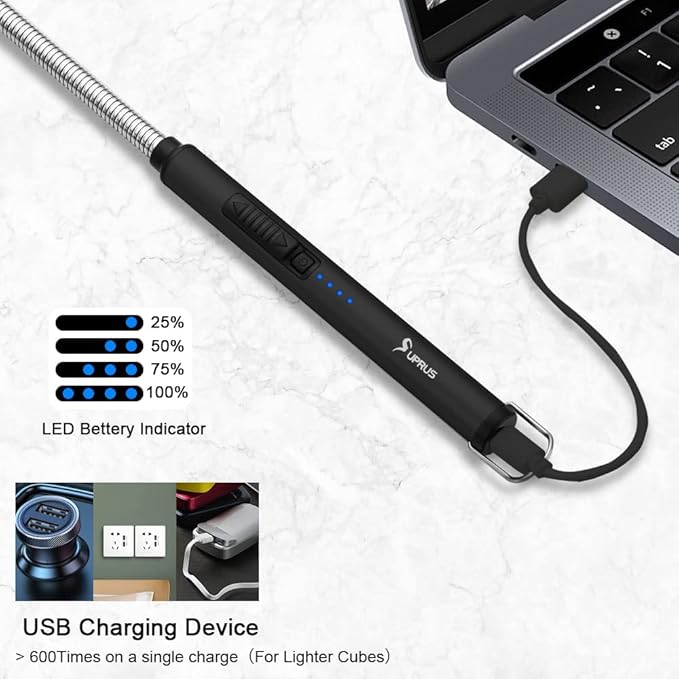 SUPRUS Electric Candle Lighter USB Type C Rechargeable Lighter Steel Shell & Hanging Hook with 360° Flexible Neck(Black, 3)