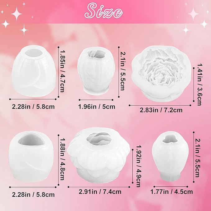 6 Pcs Flower Candle Molds, Different Flowering Peony/Rose/Tulips 3D Flower Silicone Molds for Candle Making, Handmade Soap, Epoxy Resin Casting Floral Home Decor, Wedding/Valentine/Mom Gifts
