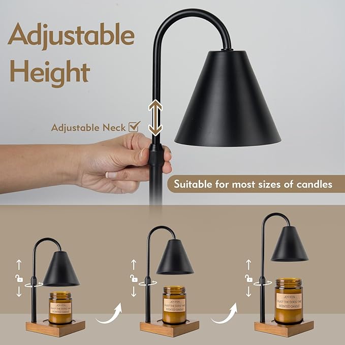 Electric Candle Warmer Lamp with Timer: Candle Warmer Lamp Adjustable Height for All Size Jar Candles, Dimmable Candle Warmer Light with 2 Bulbs for Bedroom Home Decor, Gifts for Women, Black