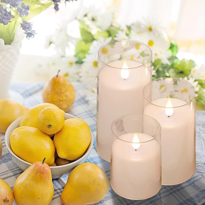 NICEME Pure White Flickering Flameless Candles, Battery Operated Acrylic LED Pillar Candles with Remote Control and Timer, Set of 5