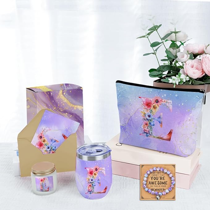 Personalized Gifts Monogrammed Birthday Gifts for Women, Daughter Bestie Friendship Christmas Halloween Initial Wine Tumbler Makeup Bag Scented Candle Bracelet Set, (Aesthetic Purple Flower E)