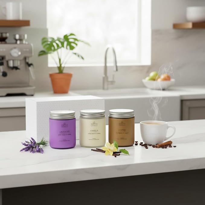 Aromatic Candles Three Pack - 3 x 8 oz Cotton Wick Candles Coloured Fosted Jars - Vanilla, Lavender and Coffee, Classic Candle Set for Men and Women by Spotless Leopard