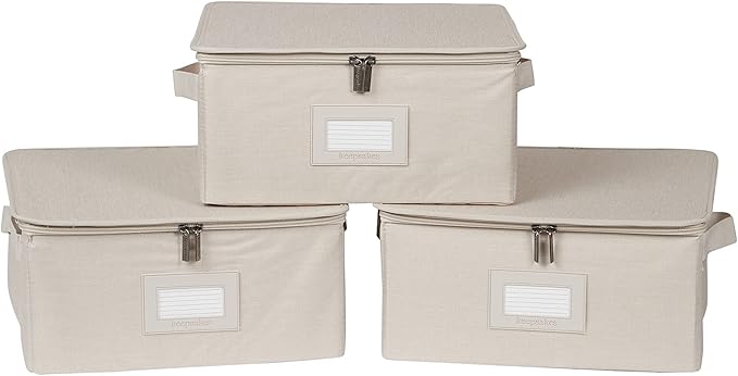 Covermates Keepsakes Zip-Top Storage Box Set, 3 Pack Heavy Duty Polyester Organizer Bins, Stackable Design, ID Window, Reinforced Handles, Closet Home Storage, Beige Heather