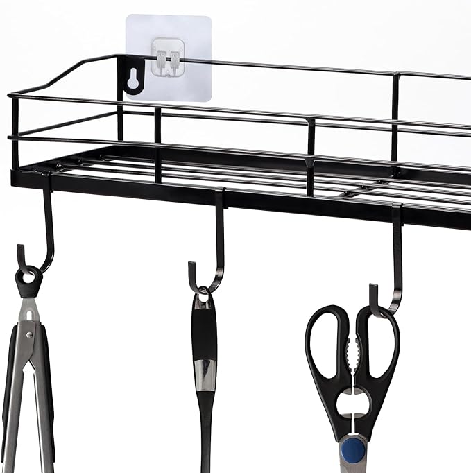 Lyeasw Black Floating Shelves Wall Mounted with 8 Removable Hanging Hooks, 15-Inch Adhesive Shower Shelf Organizer for Bathroom Kitchen Storage Rack, Set of 2