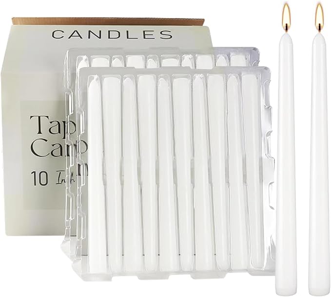100Pack White Taper Candles, 7-8 Hours Burn Time, Unscented, Smokeless and Dripless, 0.75 x 10 Inch Dinner Candle Set for Household, Wedding, Party and Home Décor Candlesticks