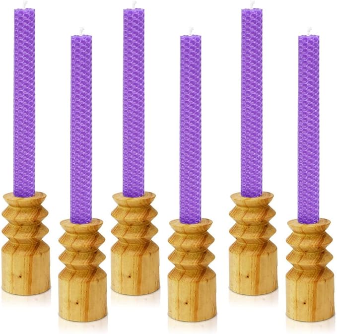 DEYBBY Natural Beeswax Taper Candles, Hand-Rolled Beeswax Candles Honeycomb Design, Dripless and Smokeless,Set of 6 (Purple)