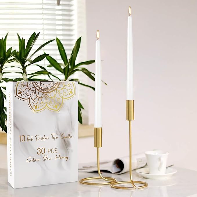 30 Pack 10 inch White Taper Candles, 7-7.5 Hour Burn Time,Unscented Dripless and Smokeless, Elegant Premium Quality Dinner Candle for Home Décor, Restaurant, Wedding, Party Candlesticks