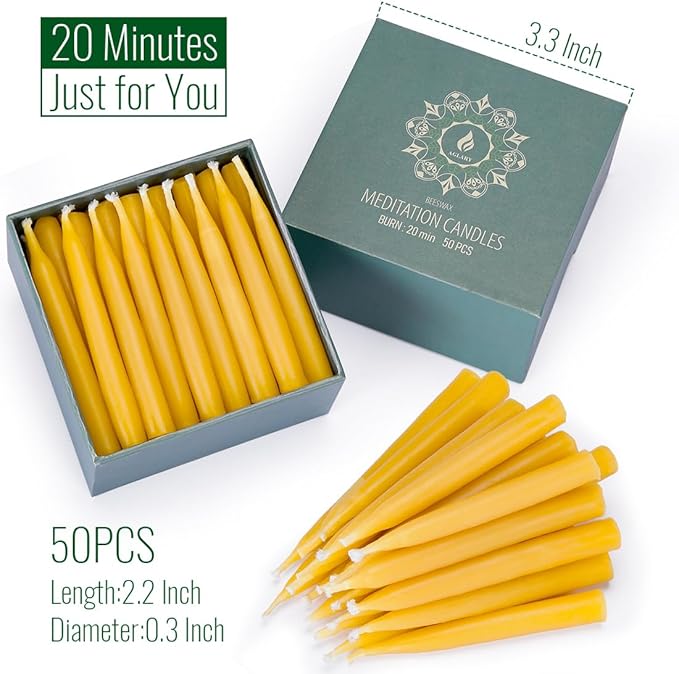 20 Minute Pure Beeswax Candles, Drip-Free Meditation Candles, Mini Taper Candles, Set of 50 Without Brass Candle Holders