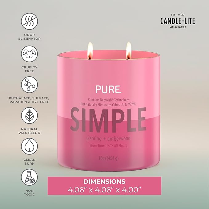 Candle-Lite Pure Jasmine & Amberwood Odor Eliminating Scented Candles, Neofresh Technology Eliminates 99.9% of Odors, 16 oz 2-Wick Jar, Proudly Poured in The USA, Up to 60 Hours Burn Time