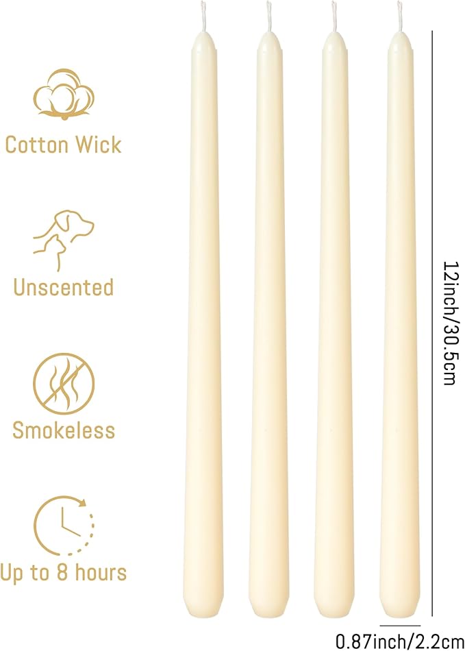 Viyffo Taper Candles, 12 Inch, 12 Pack, Ivory – Unscented, Dripless & Smokeless Design, Up to 8-Hour Burn – Tall Candlesticks for Wedding, Dinner & Home Decor