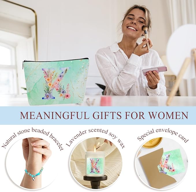 Personalized Gifts Monogrammed Birthday Gifts for Women, Soul Sister Bachelorette Party Wedding Christmas Initial Wine Tumbler Makeup Bag Scented Candle Bracelet Set, (Aesthetic Green Flower K)
