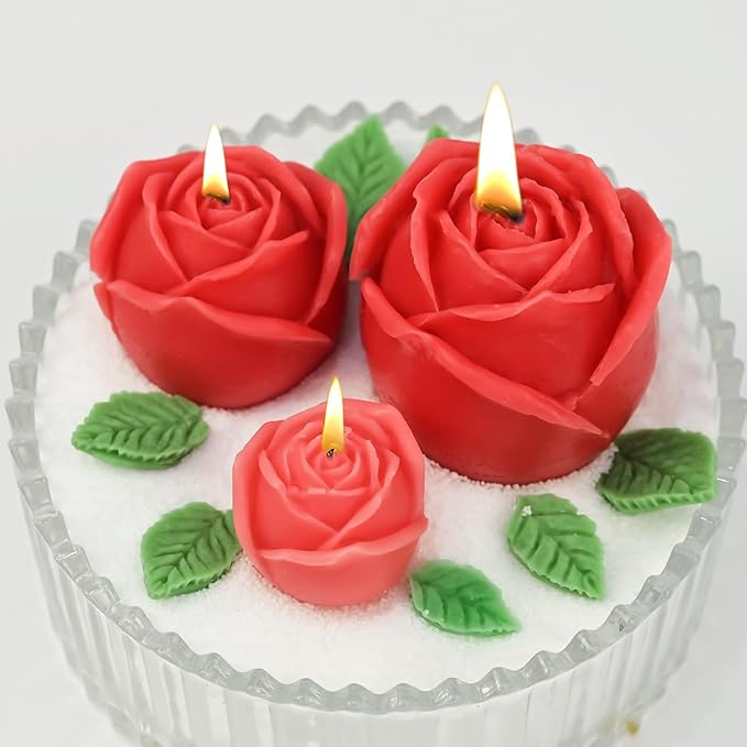 4 Pack Rose Candle Molds with Leaf Mold, Set of Large + Medium + Small 3D Rose Flower Silicone Molds for Candles Making Epoxy Resin Casting Handmade Soap Clay Plaster Home Décor Mom Gift