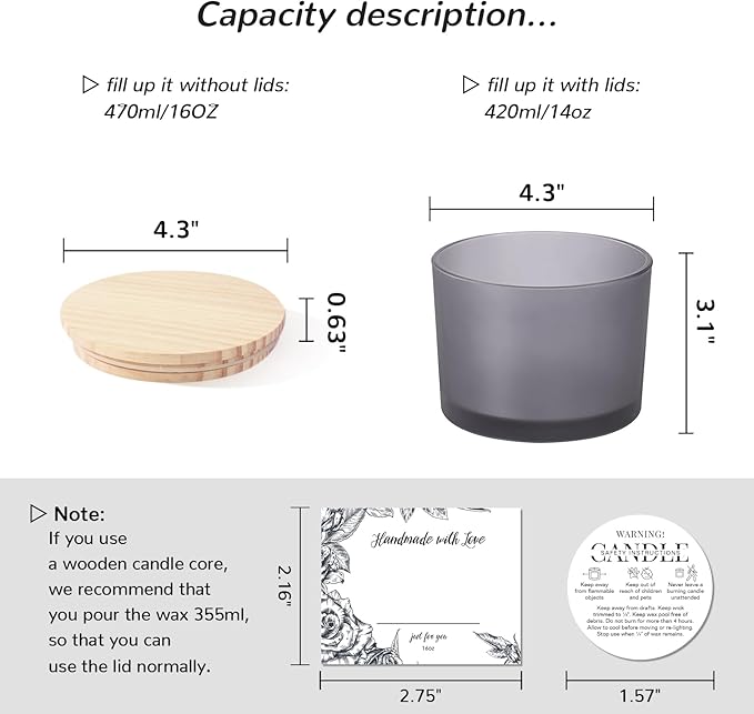 LAMORGIFT 6 Pack Glass Candle Jars with Lids (16oz, Frosted Grey) - Large Candle Jars for 3 Wick Candles Making - Empty Candle Jars Containers - Candle Making Accessories Include 16Pcs Candle Labels