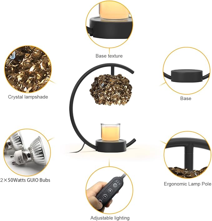 Yeuslor Candle Warmer Lamp for Jar Candles with Adjustable Brightness＆Timer，Handcrafted Crystal Candle Lamp Luxurious Design+2Bulbs,Home Decoration Electric Candle Lamp(Black C-Shaped)