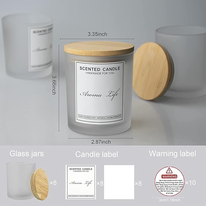 Creahaus 10oz, 16 Pack Thick Candle Jars with Bamboo Lids for Making Candles, Bulk Frosted Empty Glass Candle Containers & Sticky Labels, Warming Labels Kit, Heat Resistant Candle Vessels