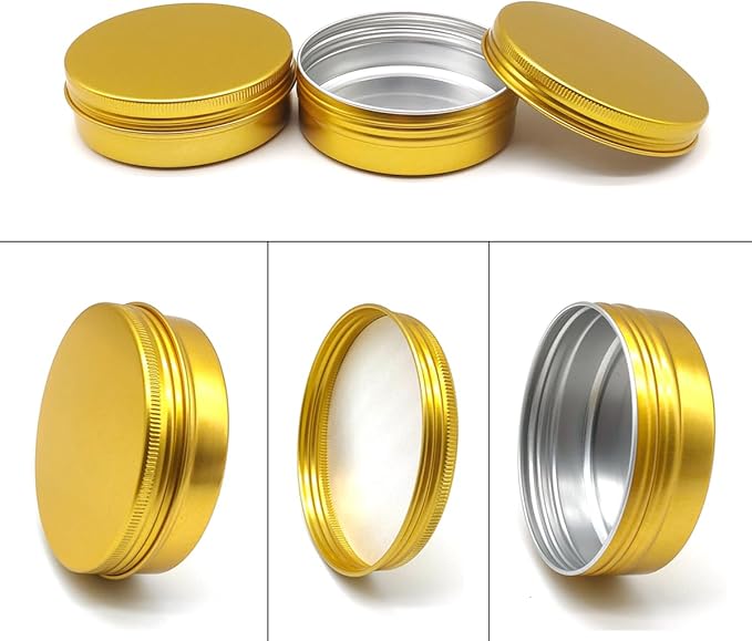 10pcs 60ml Round Lip Balm Tin Cans, 60 Gram Aluminum Tins Gold Cosmetic Sample Containers with Screw Lid, 60g Metal Empty Storage Travel Jars for Salves, Lip Balms, Face Cream, Candle, Tea