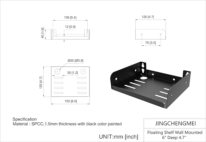 JINGCHENGMEI 2 Pcs of Metal Mini Wall Mounted Floating Shelf for Small AV or TV Accessories, Depth 4.7" x Width 6" Small Display Shelf for Storage in Bathroom Bedroom Living Room Kitchen (6 Inches)