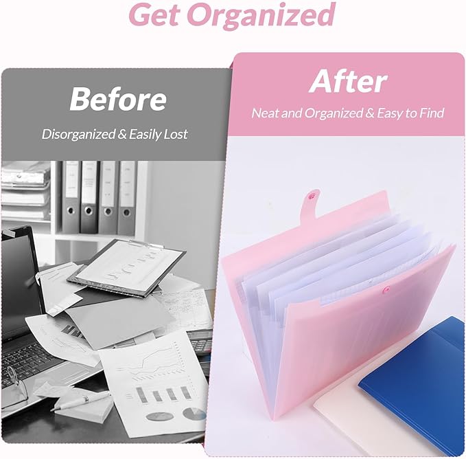 SKYDUE Pink Accordion File Organizer, Expanding File Folder with 8 Pockets, Expandable Document Paper Receipt Organizer, Letter/A4 Size Filing Folder School Office Supplies