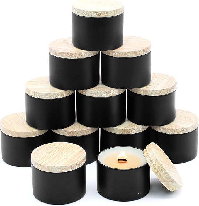 12-Pack Candle Jars, 8oz Candle Tins with Metal Wood-Grain Printing Lids, Empty Metal Candle Jars for Making Candles Bulk Candle Containers -Black
