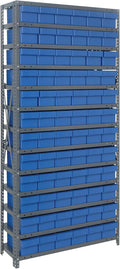 Quantum 2475-603BL Heavy Duty Shelving Unit with (13) Shelves and (72) QED603 Blue Bins for Industrial Warehouse Storage Distribution | 400 lbs Capacity | 24"D x 36"L x 75"H, Galvanized Carbon Steel