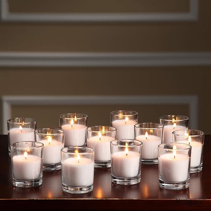 Hosley 20-Pack Ivory Unscented Votive Candles in Clear Glass Holders Hand Poured Wax for Timeless Elegance and Versatile Décor Illuminate Every Moment