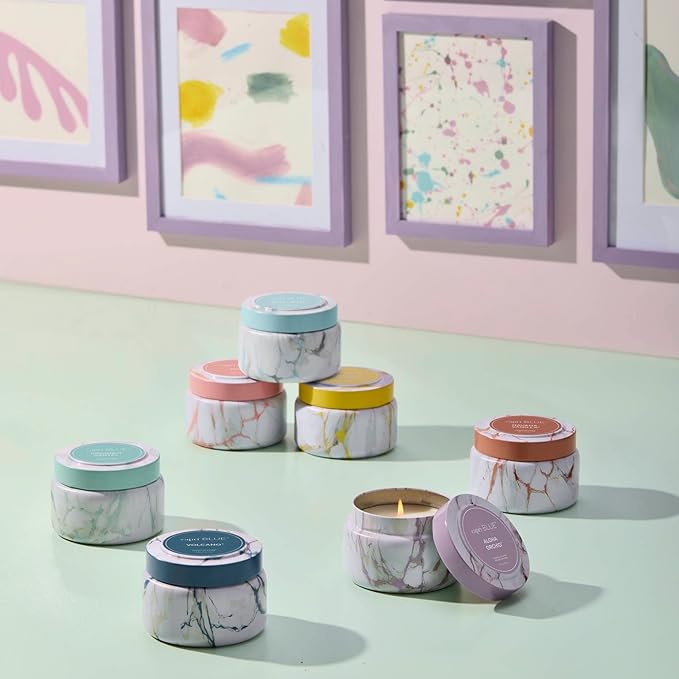 Capri Blue Modern Marble Printed Travel Tin Jar Candles - Luxury Decorative Candles for Home Scented - Long Lasting Soy Wax Blend - Pineapple Flower (8.5 oz)
