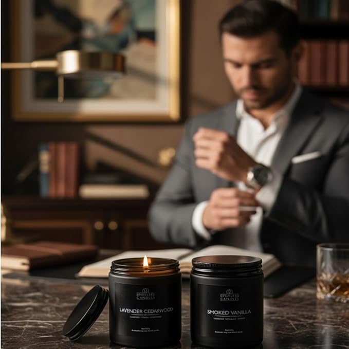 Mens Candle 2 x 8oz Pack Smoked Vanilla and Lavender Cedarwood Scents