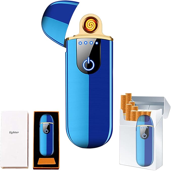 Electric Smart USB Rechargeable Lighter - Touch Ignition, Windproof, Flameless, Lightweight Plasma With Power Indicator for Boyfriends Father Gifts (Blue)