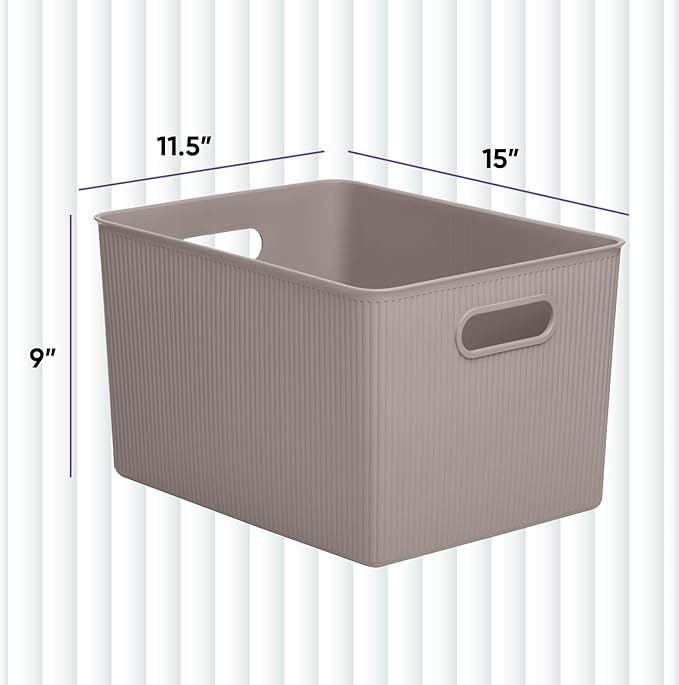 Superio Ribbed Collection - Decorative Plastic Basket Open Home Storage Bins Organizer, X-Large Taupe (2 Pack) Container Boxes for Organizing Closet Storage Bins for Shelves 22 Liter/23 Quart