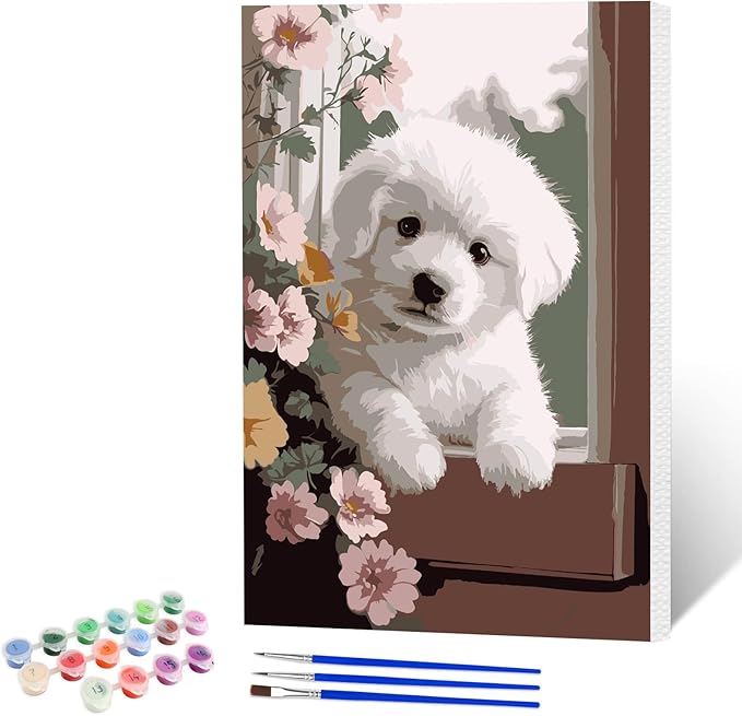 NAIMOER Dog Flowers Paint by Numbers Kits for Adults Beginner with Wooden Framed, Color by Numbers on Canvas Painting Kits for Adults, Easy Paint DIY Acrylic for Home Wall Decor 8X12 Inch