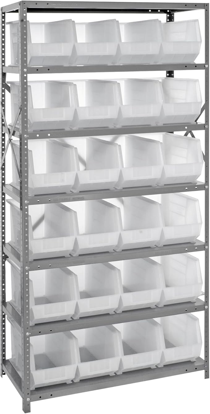 Quantum Storage Systems QSBU-265CL Giant Open Hopper Steel Shelving System, 18" D x 36" W x 75" H, with 7 Shelves and 24 QUS265 Bins, Clear