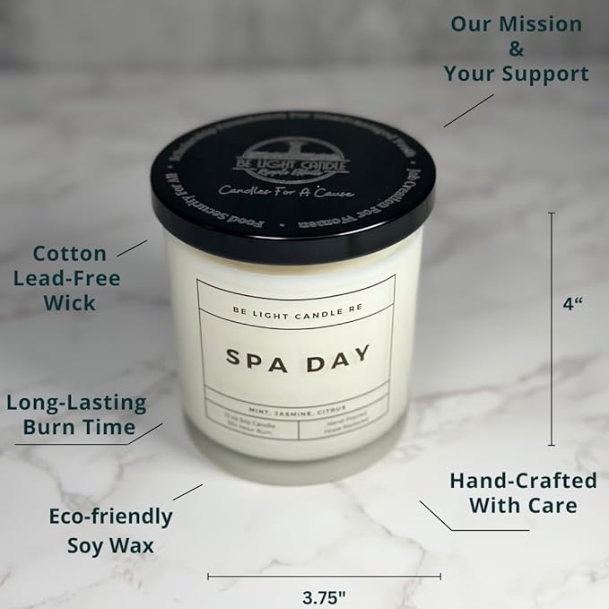 Stress Relief Candle | Purpose-Driven Soy Scented | Fragrance for Home | 8oz Long Lasting Scent | Non-Toxic | Aromatherapy | Gifts for Women | Be Light Candle RE (Spa Day)