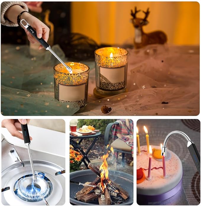 SUPRUS Rechargeable USB Arc Electric Lighetrs with Safety Switch 360° Flexible Neck Flameless Grill Long Lighters for Candle Camping Cooking (Black, 2Packs)