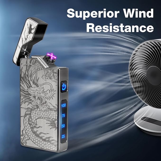 LcFun Electric Lighter - USB Rechargeable, Dual Arc Plasma Lighter, Windproof Flameless Lighters, Electronic Lighters with LED Battery Indication Gifts for Men Boyfriend Husband (Dragon Black)