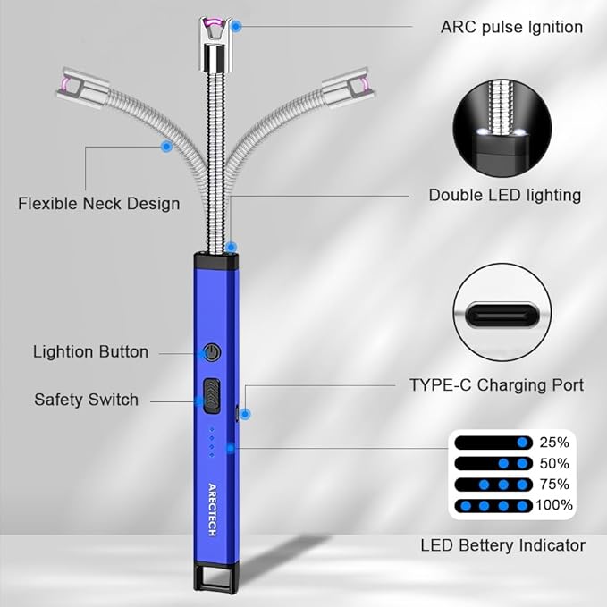 ARECTECH Candle Electric Lighter Rechargeable USB Arc Lighters for Candle Camping Fireworks Christmas Birthday Gifts with LED Light for Men Women Blue