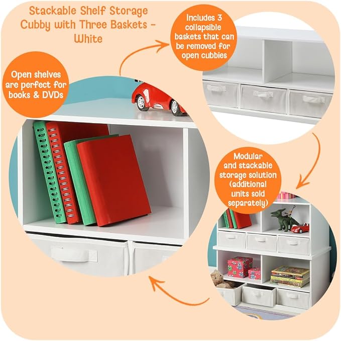 Badger Basket Stackable Toy Storage Organizer - 5-Shelf Modular Unit with 3 Removable Fabric Bins, Solid Panel Construction, Expandable Design for Toys and Crafts - White