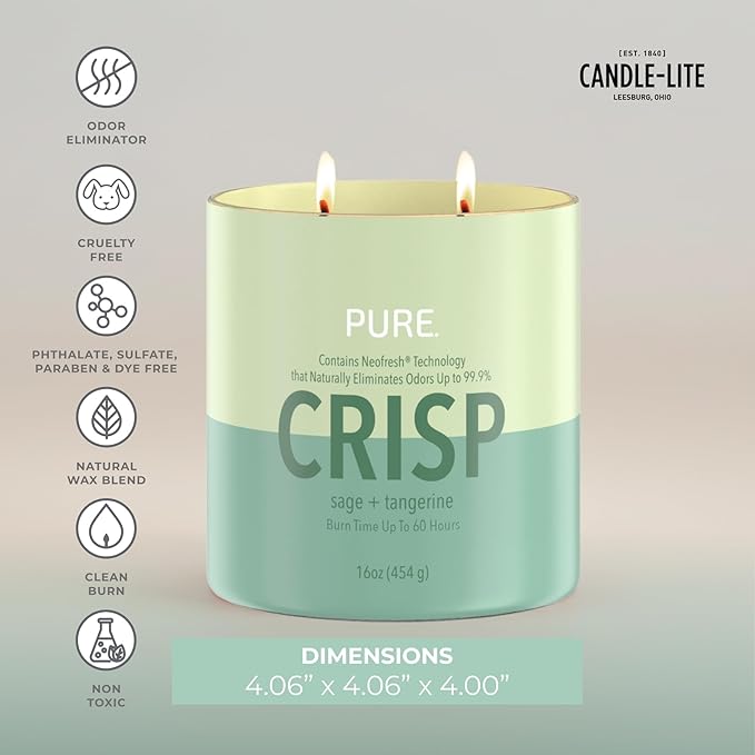 Candle-Lite Pure Sage & Tangerine Odor Eliminating Scented Candles, Neofresh Technology Eliminates 99.9% of Odors, 16 oz 2-Wick Jar, Proudly Poured in The USA, Up to 60 Hours Burn Time