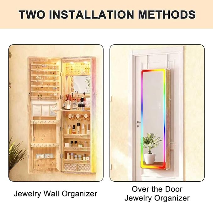 Lvifur LED Mirror Jewelry Cabinet - with RGB lights,Lockable Wall/Door Mounted Full Length Mirror with Storage,Hanging Jewelry Organizer-2 Drawers,Foldable Shelf,Built-in Lighted Mirror(Wood)