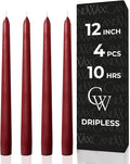 CANDWAX 12 inch Burgundy Taper Candle Pack of 4 - Unscented Smokeless Dripless Candlesticks - Candle Sticks for Party Décor, Christmas Home Decor, Dinner Table Centerpieces - Christmas Taper Candles