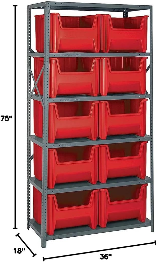 Quantum Storage Systems QSBU-800RD Solid Heavy Duty 6 Shelves 10 Giant Stack Red Bins 75" H x 36" W x 18" D