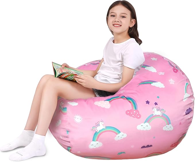 Lukeight Unicorns Stuffed Animals Storage Bean Bag Chair Cover Only (Ships Empty, No Filling) - Velvet YKK Zipper Beanbag Cover for Big Kids Teens, Washable Plush Toy Organizer, XX-Large 36" D x 20" H