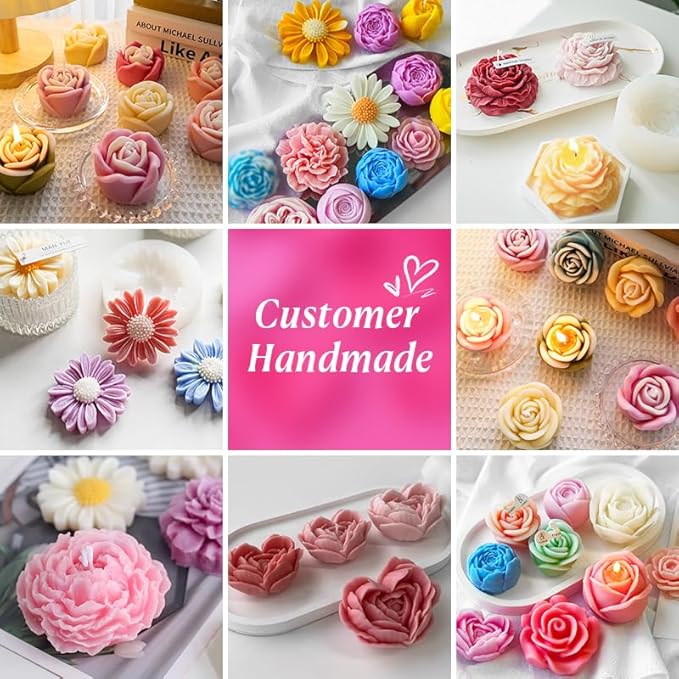 6Pcs Rose Flower Candle Resin Mold Silicone Flower Mold for Candle Making Large 3D Heart Rose Tulip Daisy Peony Valentine Mother Day Silicone Candle Mold for Soy Wax Beeswax Resin Craft