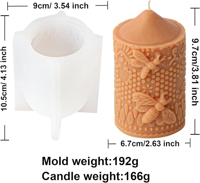 Bee Lace Trim Cylinder Candle Mold, Honeybee Beehive Pillar Silicone Mold for Beeswax Candle, Soy Wax Candle, Plaster Ornament, DIY Crafts (F)