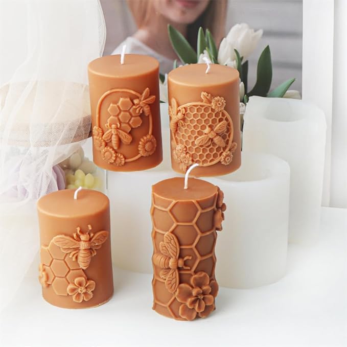 Bee Honeycomb Flower Cylinder Candle Mold, Honeybee Beehive Pillar Silicone Mold for Beeswax Candle, Soy Wax Candle, Plaster Ornament, DIY Crafts (E)