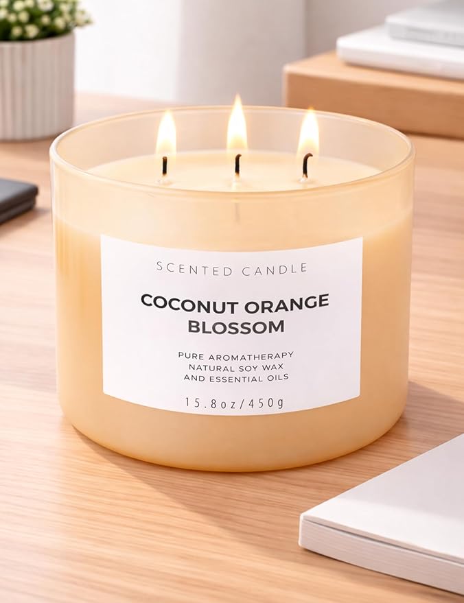 Coconut Orange Blossom Scented Candle - Large 3-Wick Aromatherapy Soy Candle, 15.8 oz - Highly Scented, Clean Burning, Long Lasting Home Fragrance Gift for Women & Men