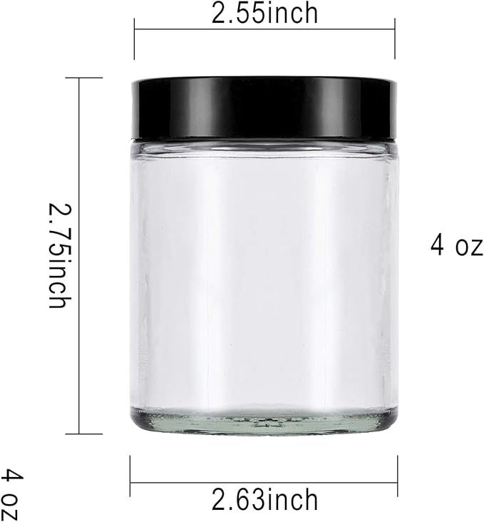 Encheng 12Pack of 4 oz Clear Round Glass Jars, with Inner Liners and black Lids,Empty Cosmetic Containers,Cream jars